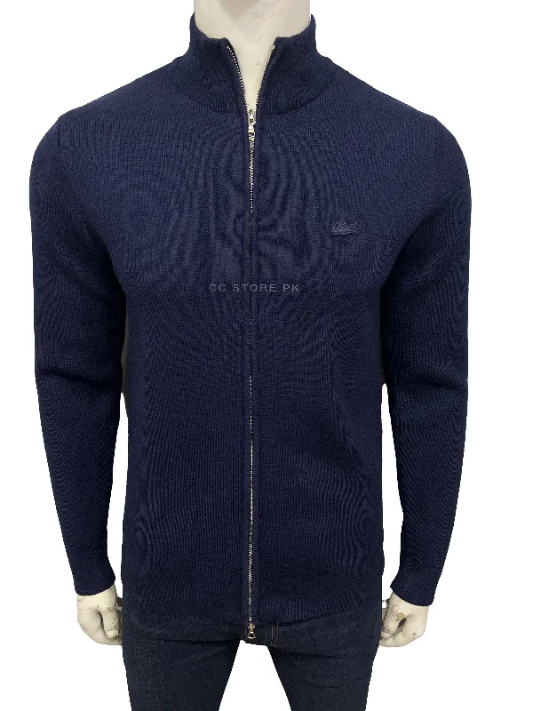 Lacoste High Neck Zipped Wool Navy Blue Cardigan