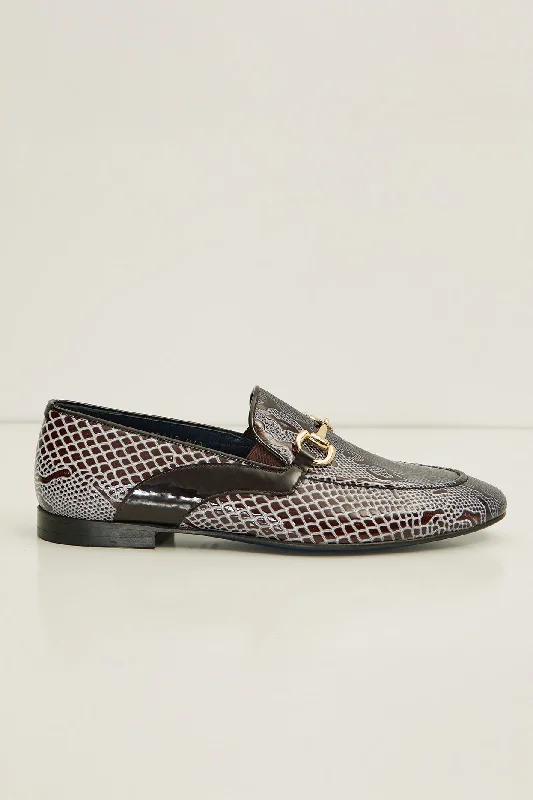 Snake Embossed Leather And Gold Metal Bit Loafer - Brown Beige