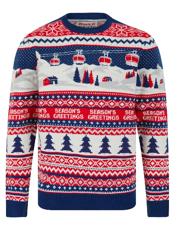 Men's Cable Car Jacquard Nordic Fair Isle Christmas Jumper in Sapphire Blue - Merry Christmas