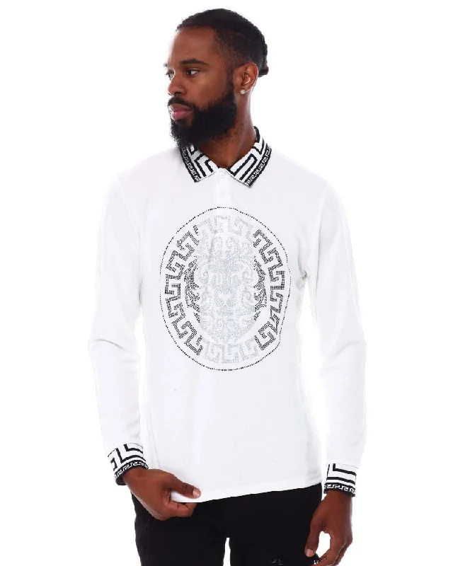 Men's white long sleeve polo silver stones print design on Collar