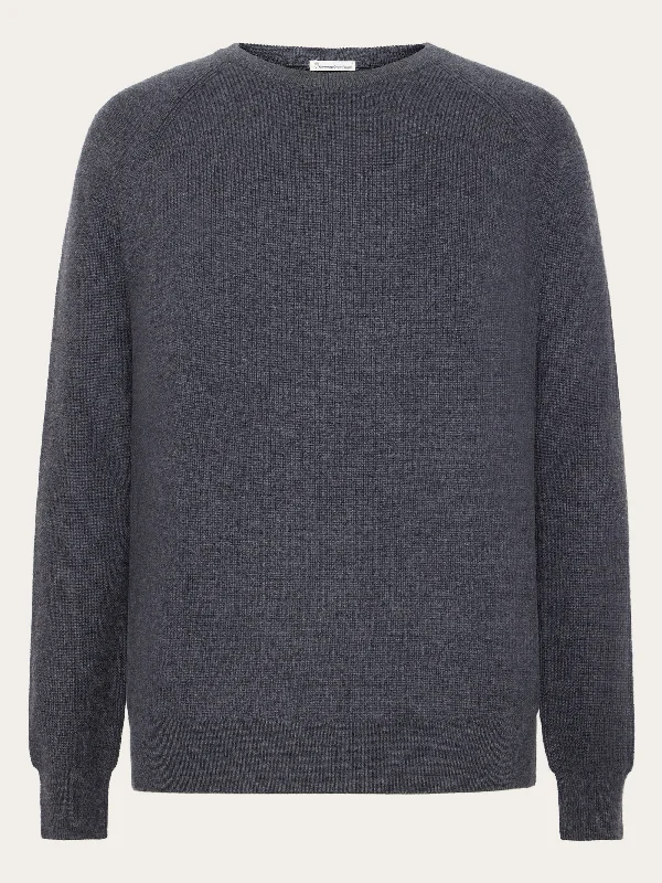 O-neck merino wool rib knit - Dark Grey Melange