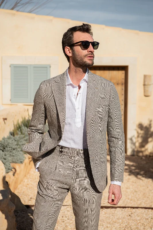 Hazelnut Prince of Wales wool and linen suit - Made in Italy