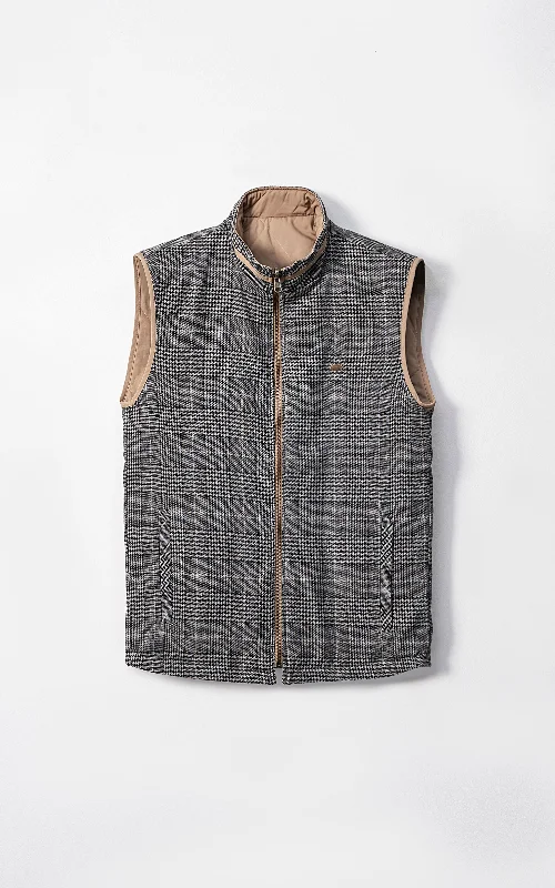 WOOL QUILTED SLEEVELESS REVERSIBLE JACKET BLACK KHAKI