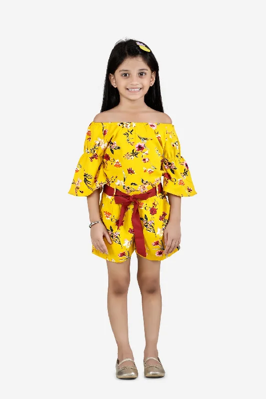 Mustard Floral Print Bell Sleeves Jumpsuit