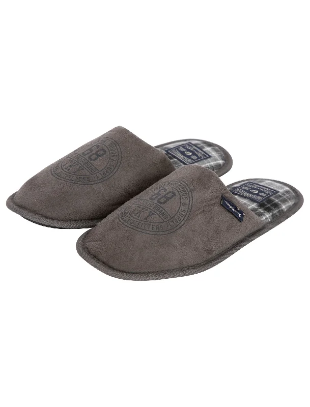 Taylored Fleece Lined Mule Slippers with Checked Lining in Grey - Tokyo Laundry