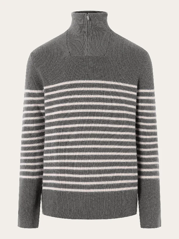 1/2 neck zip merino wool rib knit - Grey stripe