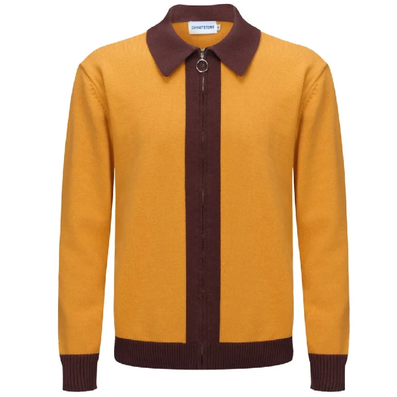 Men's Yellow Long Sleeve Knitted Zip Cardigan With Brown Neck