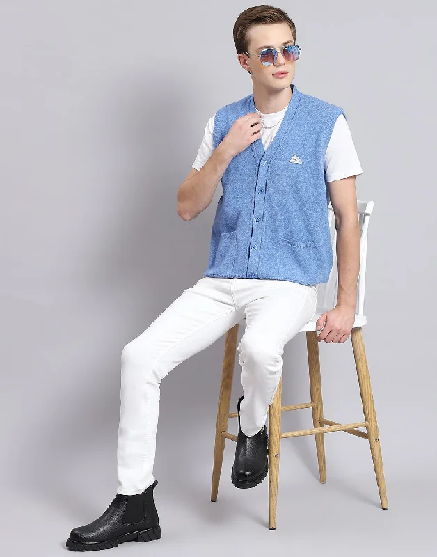 Men Blue Solid V Neck Sleeveless Cardigan