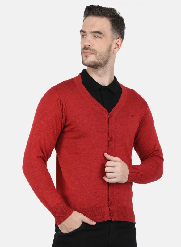 Men Red Solid Cardigan