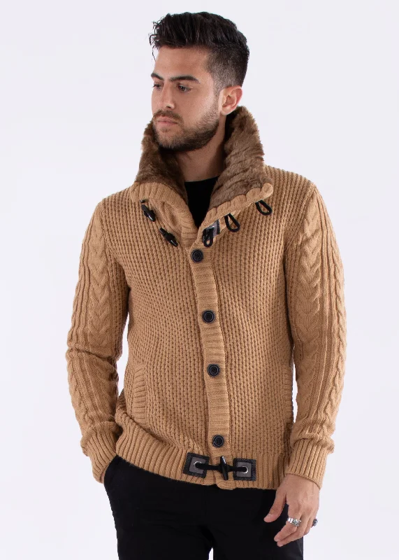 Fur-Lined Collar Button Up Sweater Beige