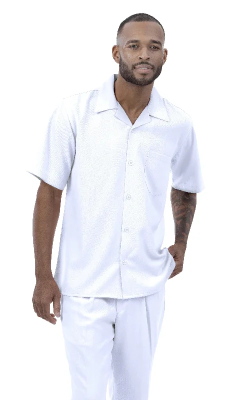 Montique Men's 2 Piece Short Sleeve Walking Suit Solid White