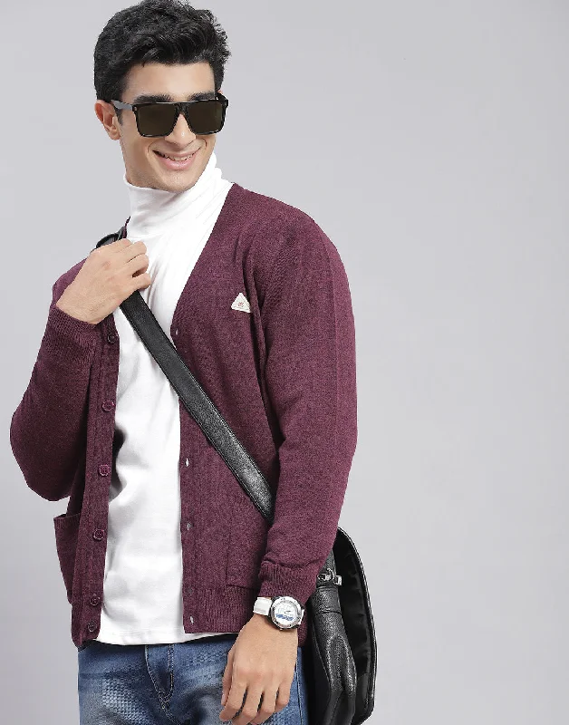 Men Purple Solid V Neck Full Sleeve Cardigan