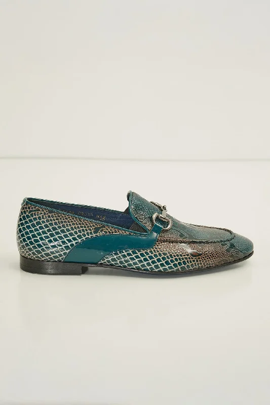 Snake Embossed Leather And Silver Metal Bit Loafer  - Green Beige