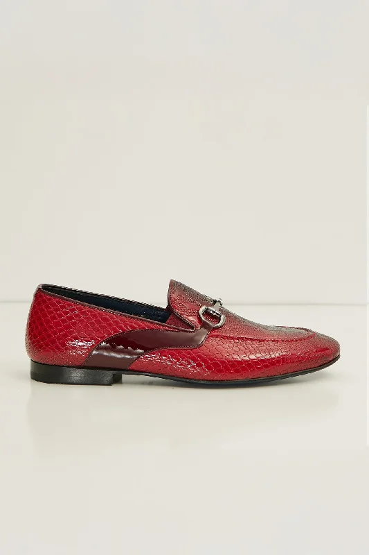 Snake Embossed Leather And Silver Metal Bit Loafer - Valentine Red