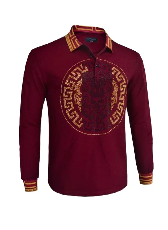 Burgundy Lion Border Men's Long Sleeve Polo Gold stones print design