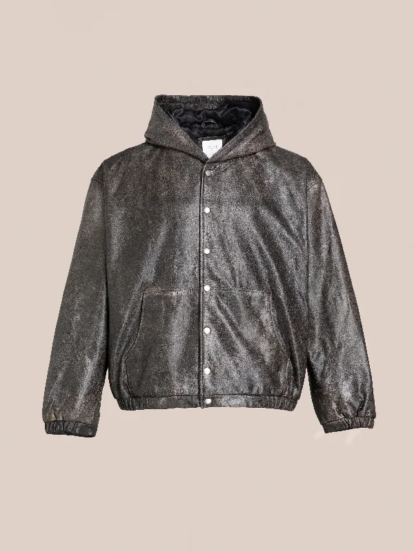 Distressed Genuine Leather Hoodie