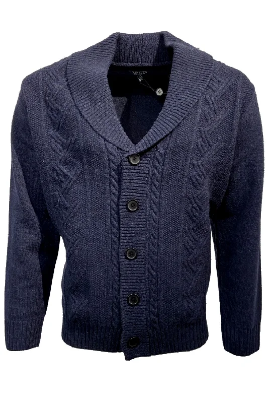 Shawl Collar Wool Blend Button-Front Cable Knit Cardigan Sweater in Indigo by Viyella